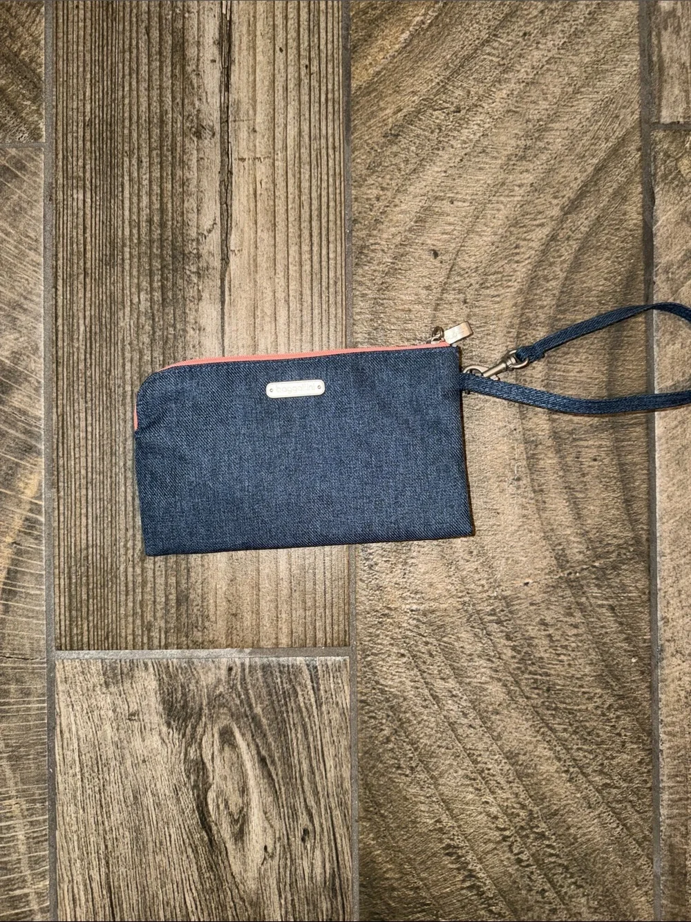 Baggallini Denim Wristlet Clutch with Coral Zipper